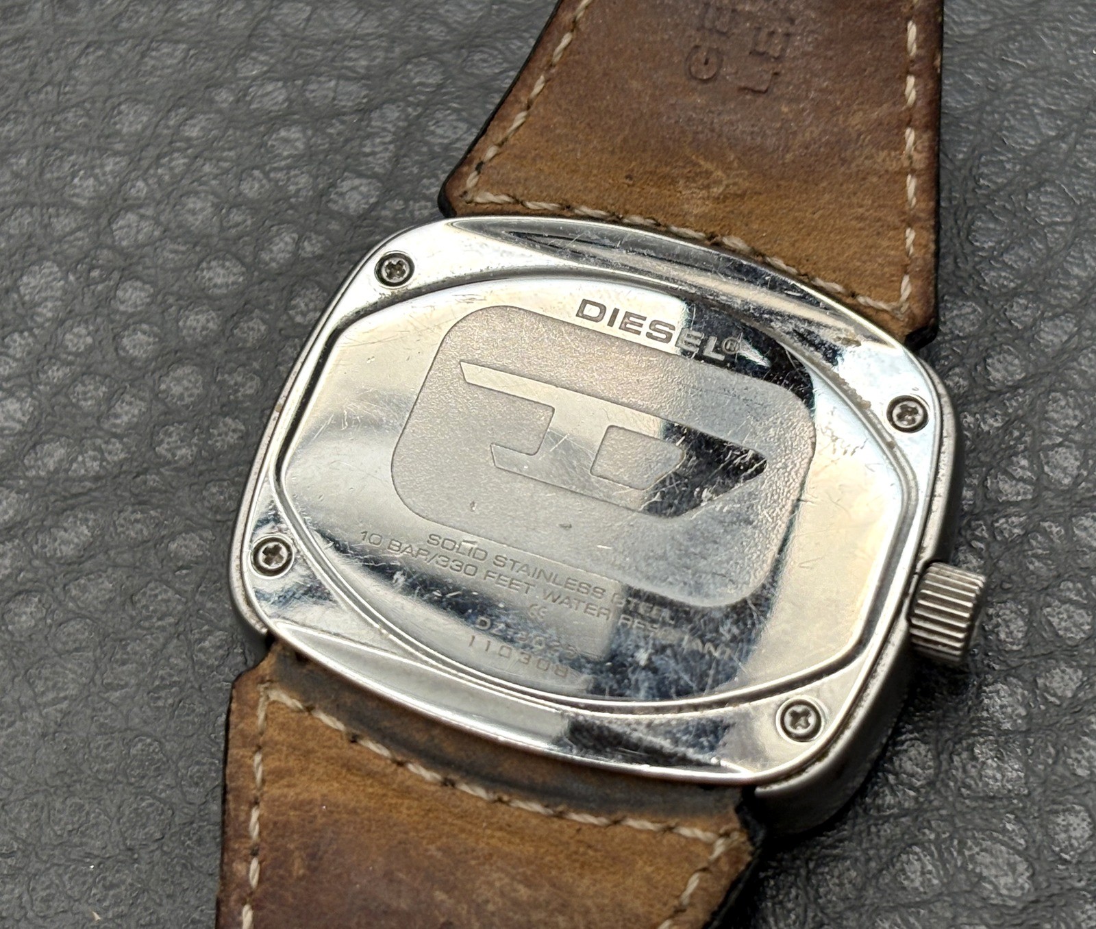 Diesel DZ3025 Men’s Square Dial Blue Purple Leather Strap Watch NEEDS BATTERY