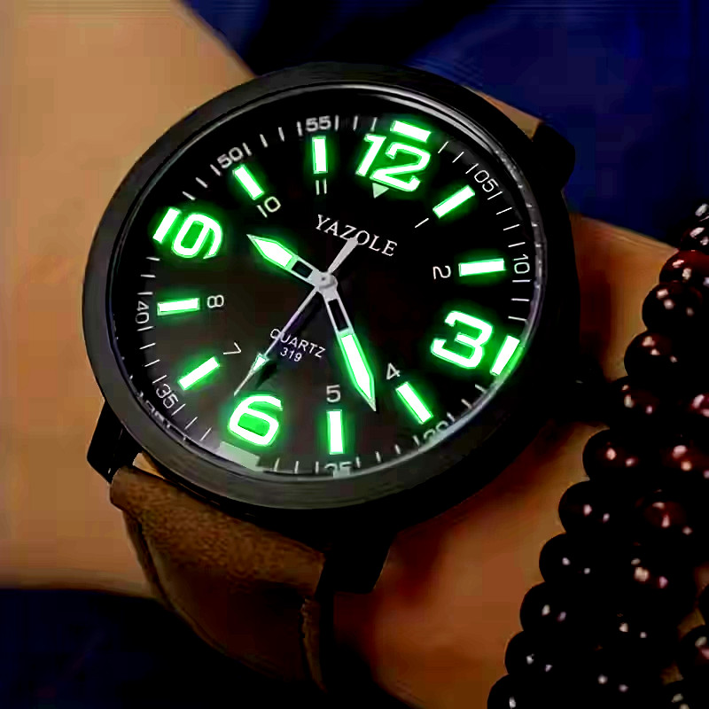 Men Glow-in-the-Dark Watch Quartz Movement Faux Leather Strap Alloy Case Gift