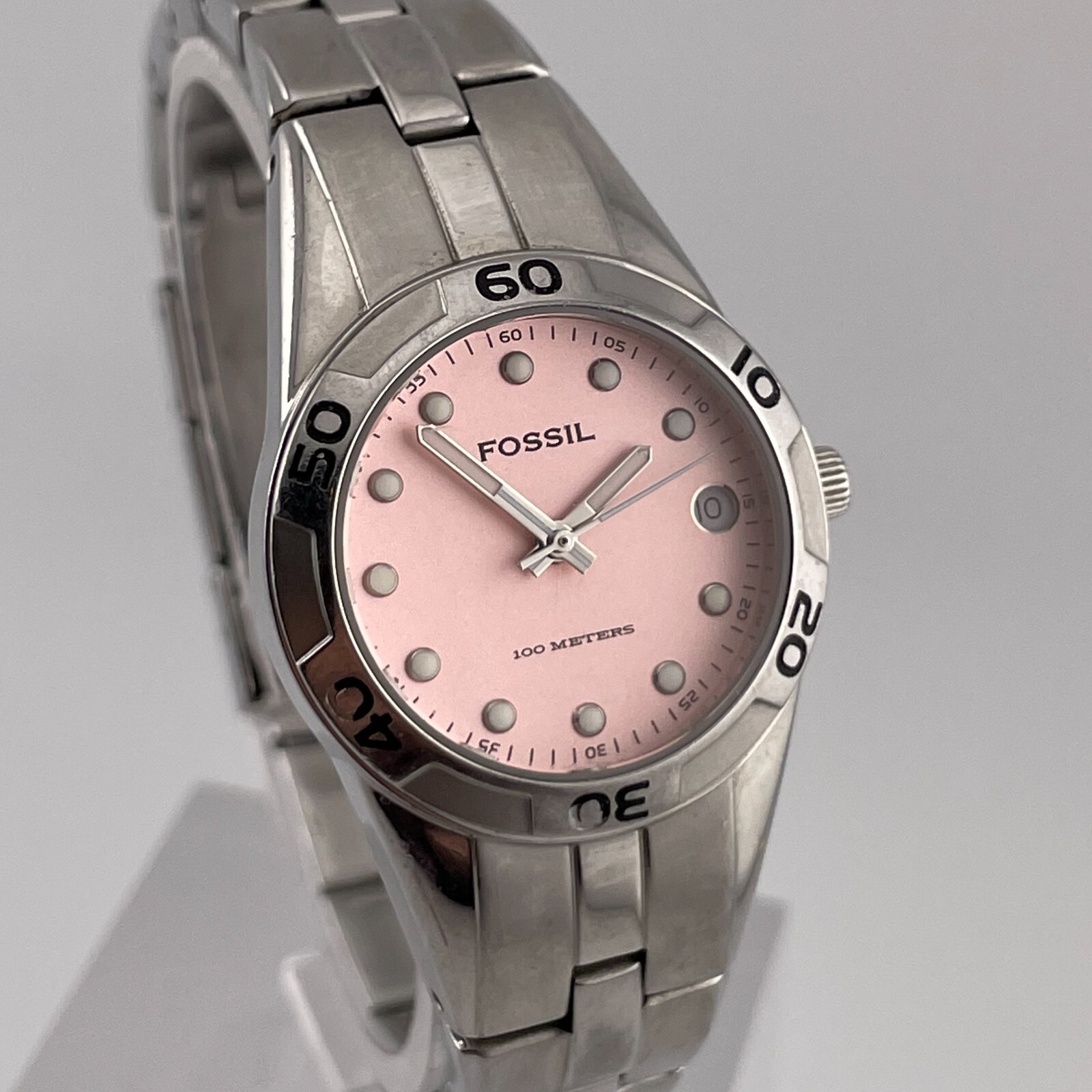 Fossil Blue Watch AM-4123 Womens Date 26mm Case Pink Dial Quartz Three Hands