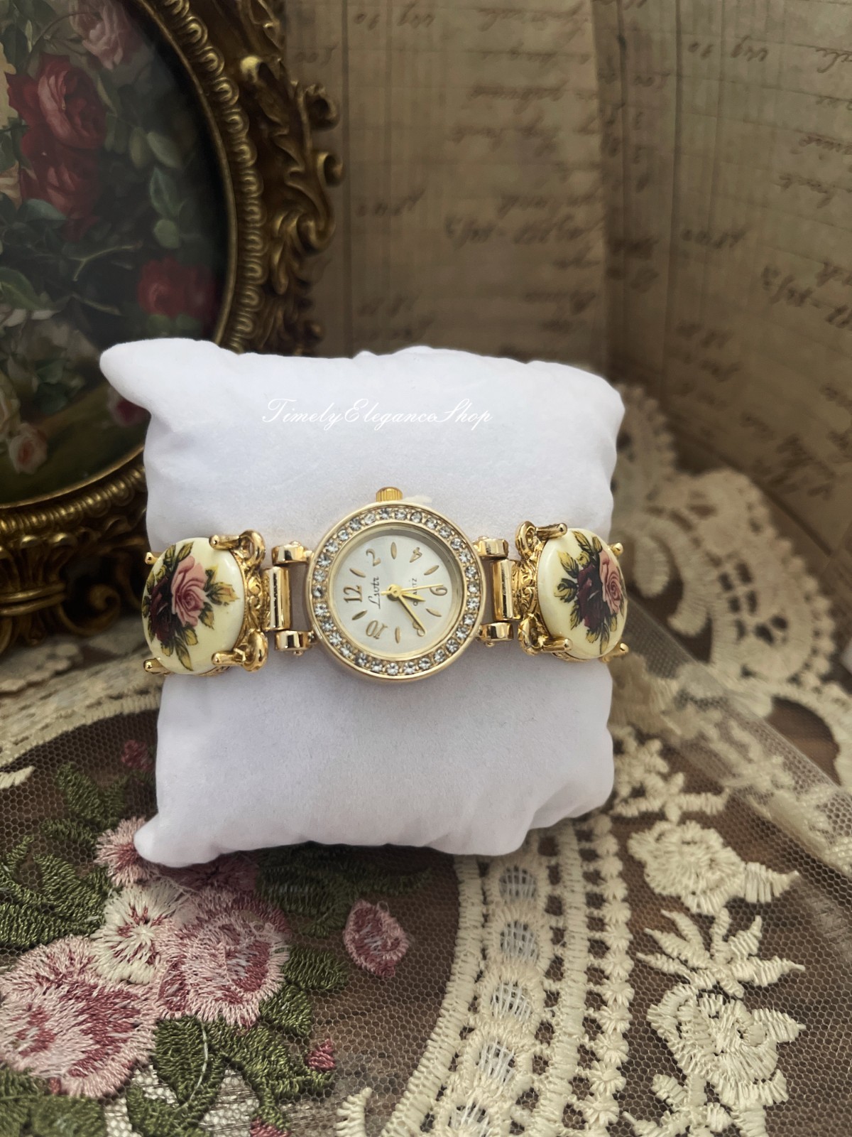 Vintage Rose Quartz Floral Bracelet Watch | Handmade Repurposed Gold Tone Unique