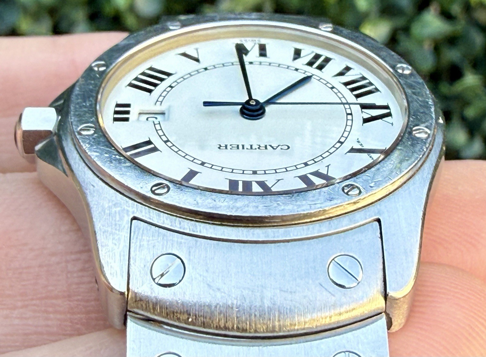 Vintage Cartier Santos Ronde Date 1561 White Roman Dial 30mm Steel Watch Only