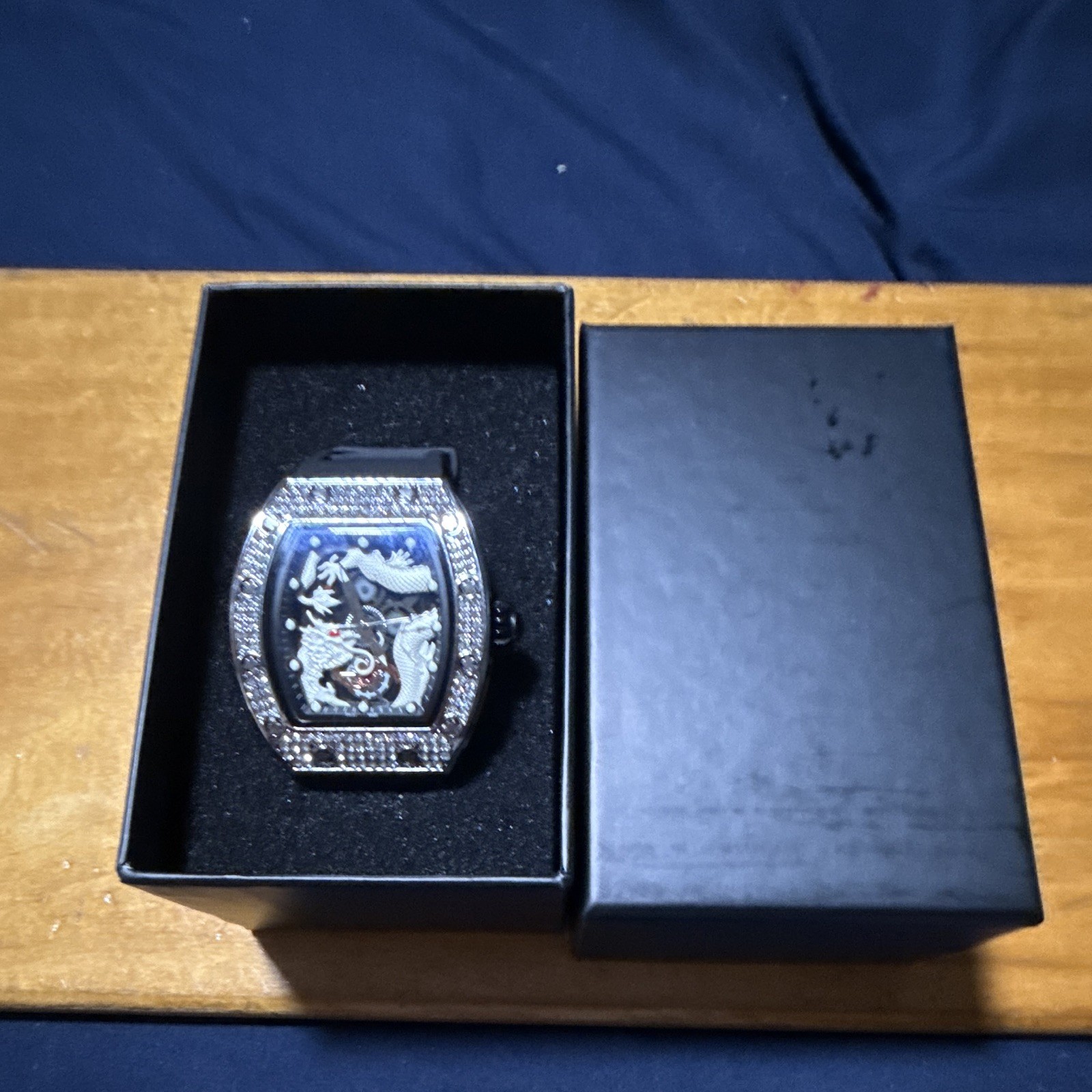 Tonneau/Barrel Skeleton Dial Analog Wristwatch Black Rubber Strap w/ Box
