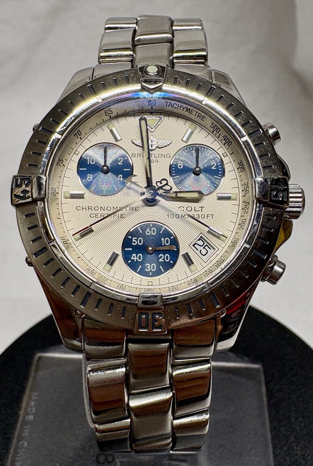 Beautiful Breitling A73350-White Dial-Blue Sub Dials-Original Box / Papers-38mm