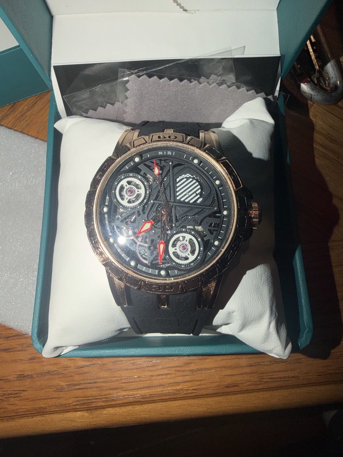 BIBI Men’s Automatic Skeleton Black Dial Rose Gold Case Black Rubber Strap w/Box