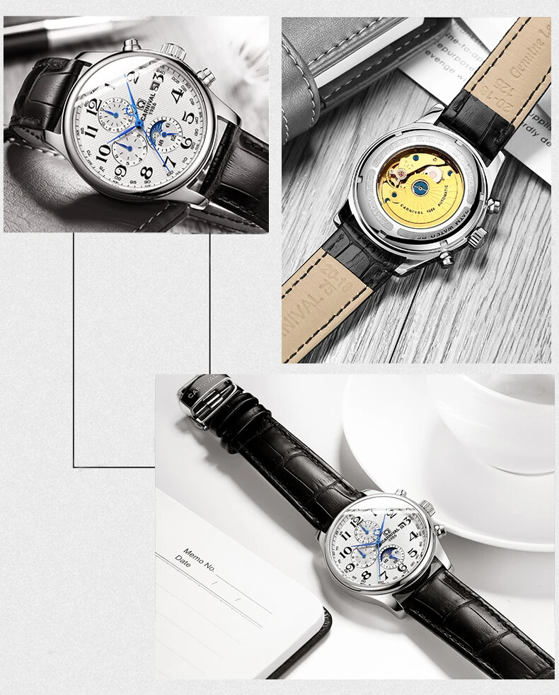 Carnival Men’s Watches Classic Mechanical Self-wind Automatic Date Moon Phase