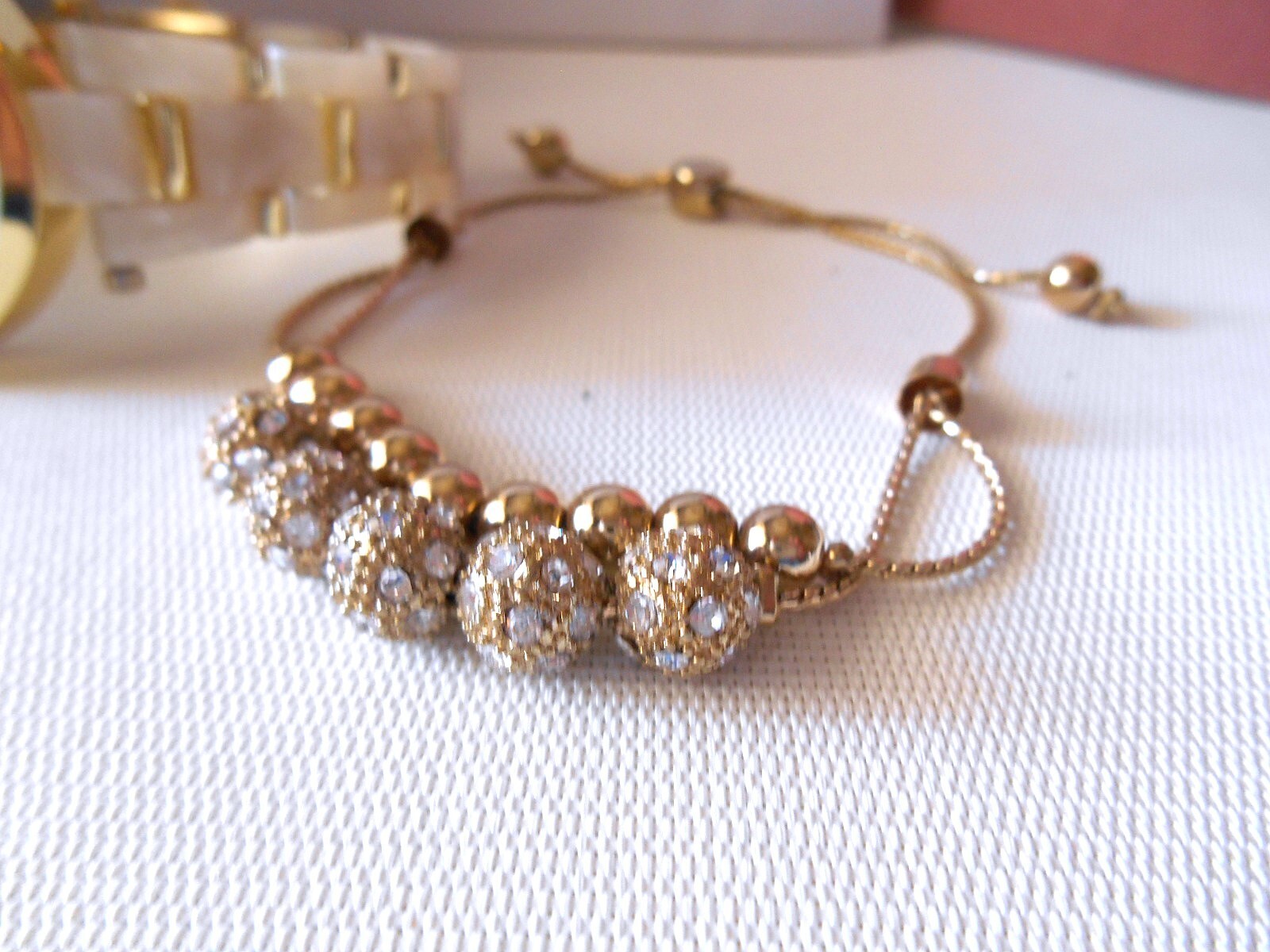 New I.N.C. Goldtone & White Watch and Adjustable Rhinestone Bracelet Set