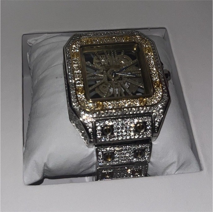 Men’s Square Gold & Silver Diamond Accent Wristwatch with Original Box & papers