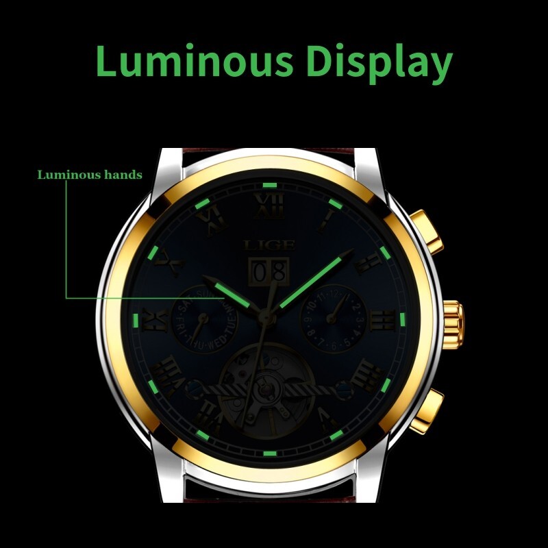 Men Watch Automatic Mechanical Date Week Month Luminous Multifunction Wristwatch