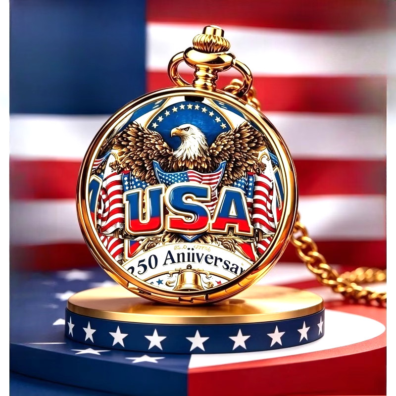 250th Anniversary Bald Eagle Commemorative Blue and Red’ Pocket Watch with Chain