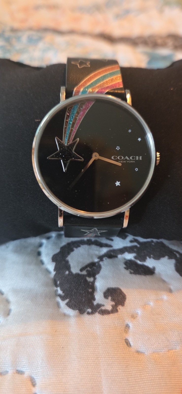 Coach Perry Quartz 36mm Black Star Dial Rainbow Leather Strap Watch 30m