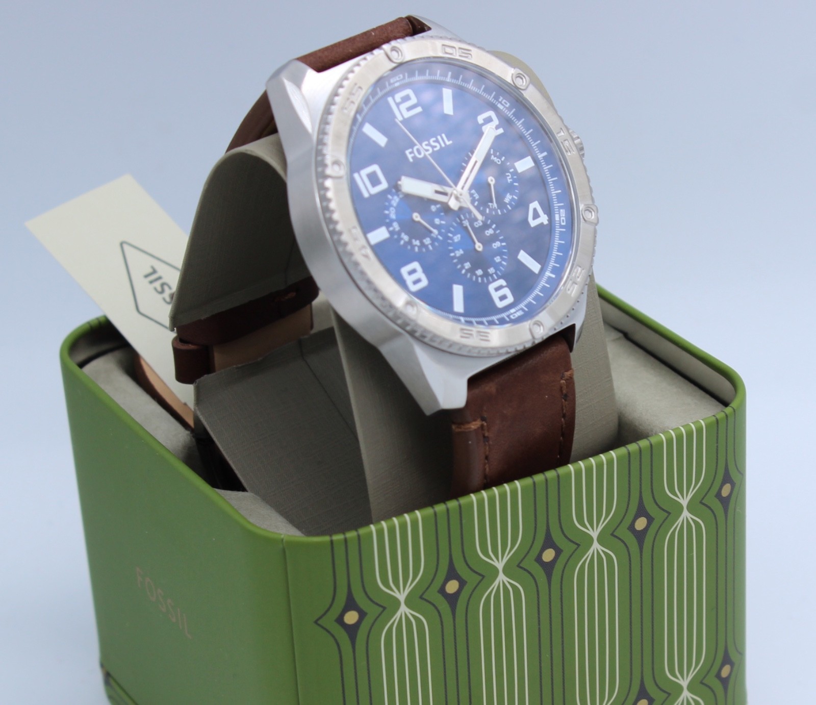 Fossil Brox Silver Blue Chronograph Brown Leather BQ2799 Men Watch