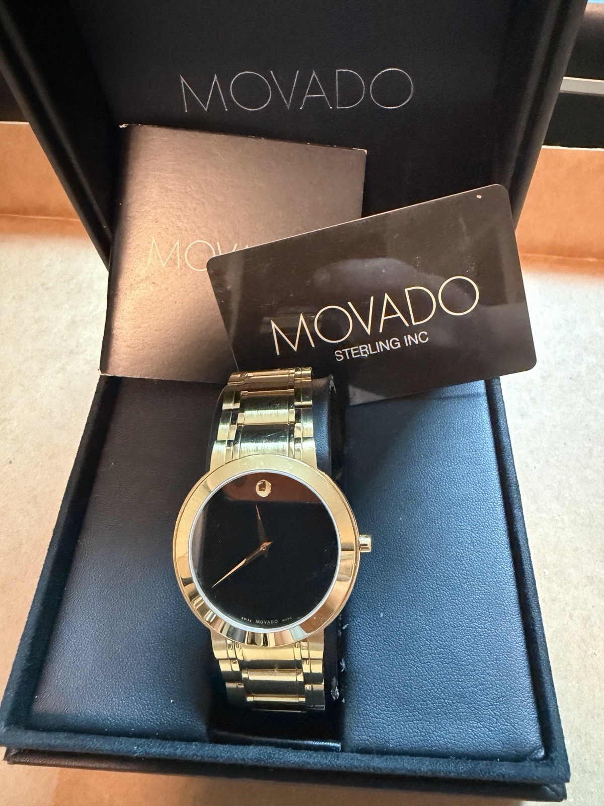 Movado Museum Swiss Made Sapphire Quartz 40mm Gold-Tone Black Dial Box