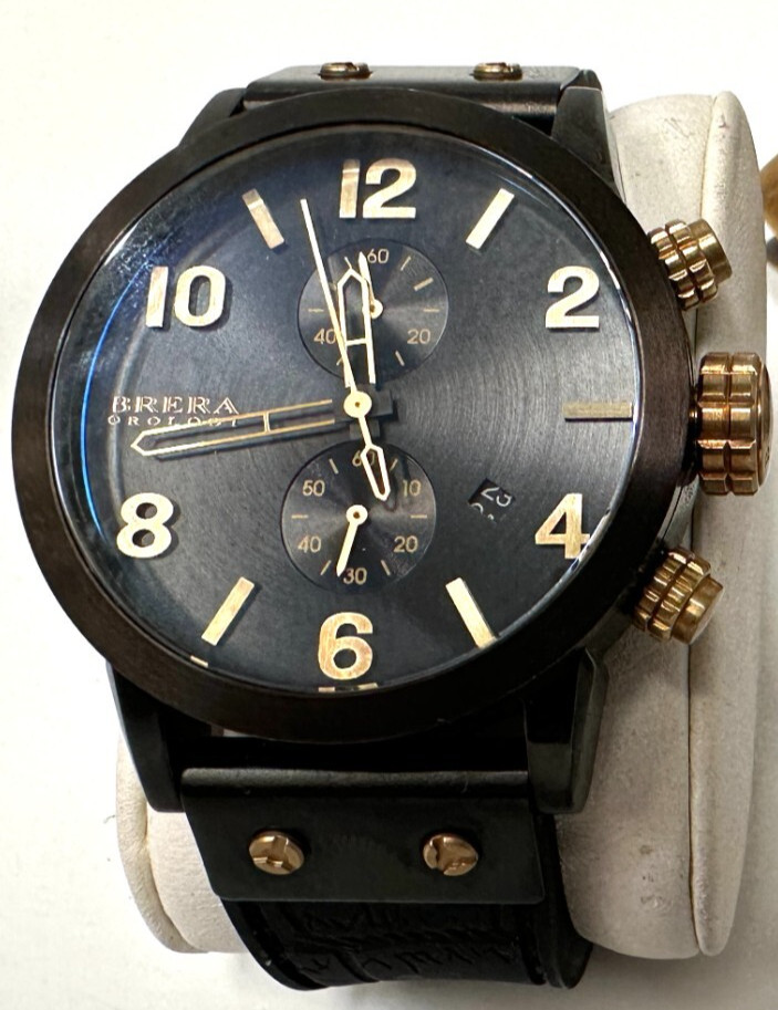 BRERA OROLOGI MENS 42MM BK STAINLESS CHRONO,DAY, NOTTE WATCH BK/GD ACO4 RET $999