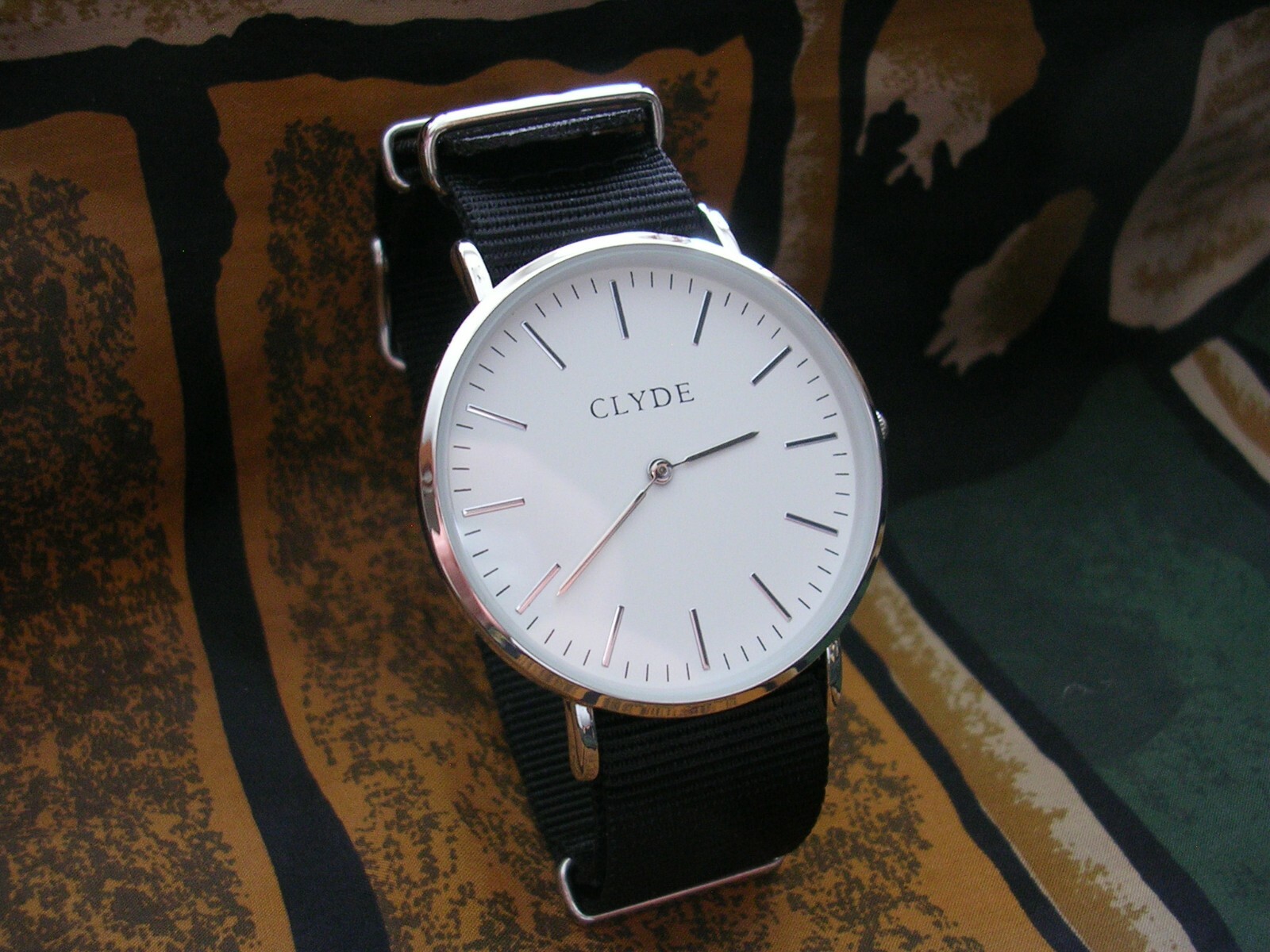 Clyde Minimalistic Mens Dress watch Silver Case NATO® Black nylon strap band USA