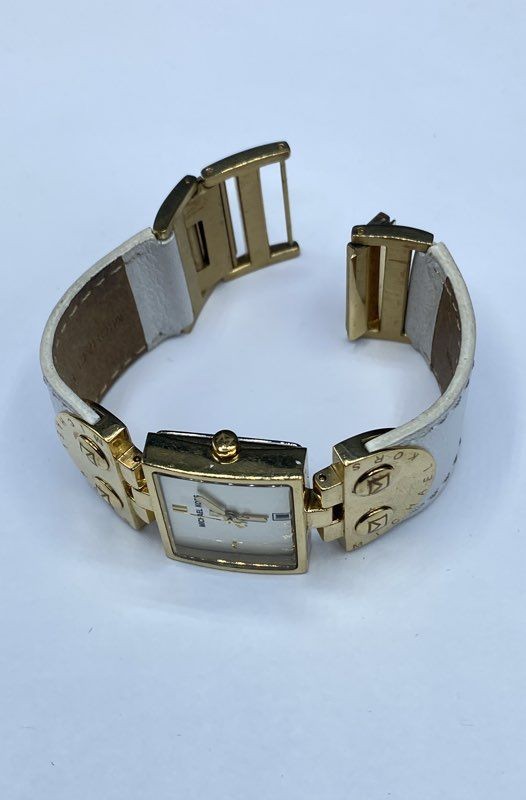 Michael Kors MK-4053 Women’s Gold Tone Square Watch White Leather Band 7″