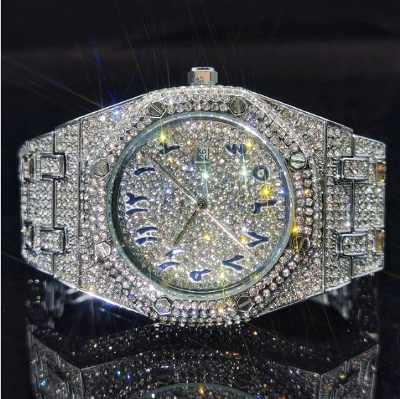 Arabic Hip Hop Luxury Ice out Men Watch Iced Bling Silver Cz Diamond Waterproof