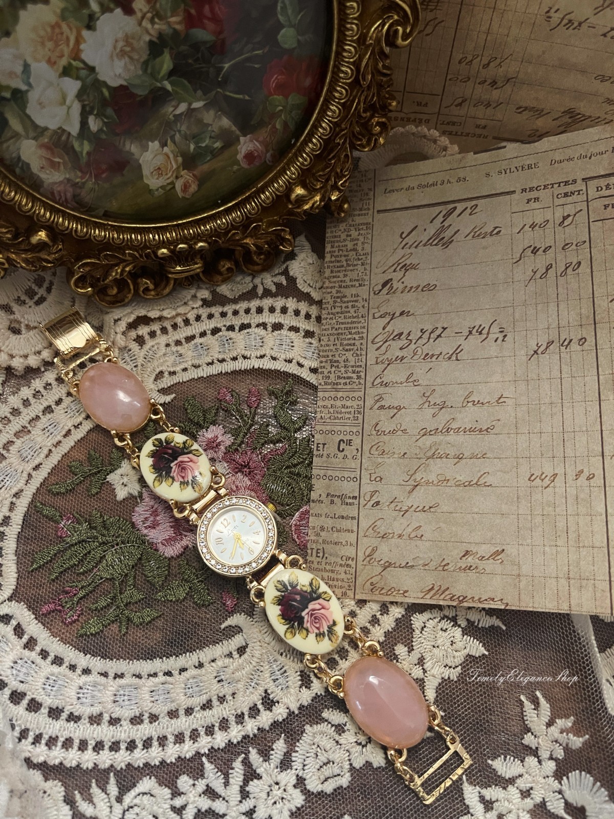 Vintage Rose Quartz Floral Bracelet Watch | Handmade Repurposed Gold Tone Unique