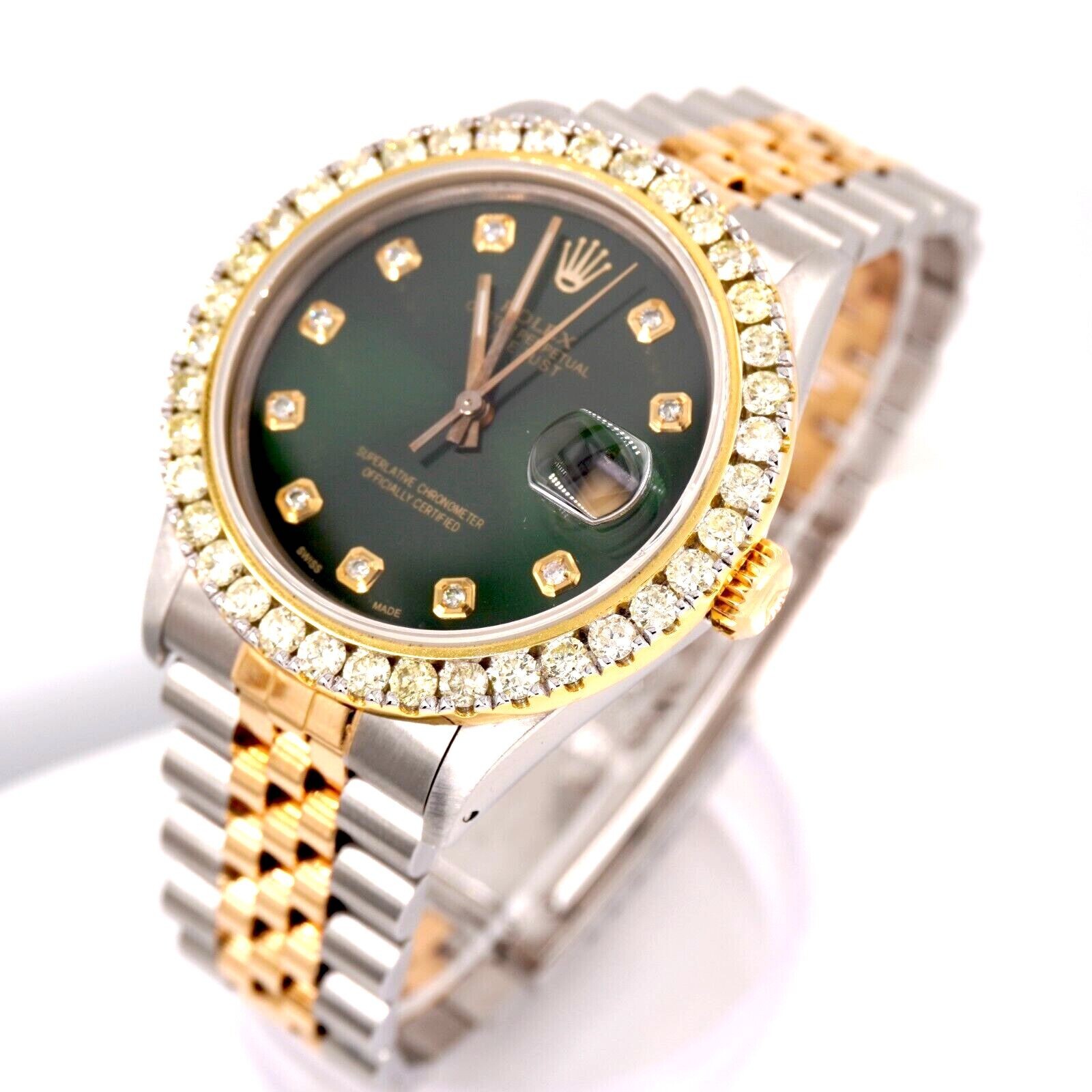 Rolex Mens Datejust 36mm 18k Yellow Gold & Steel ICED 2.25ct Diamonds Green Dial