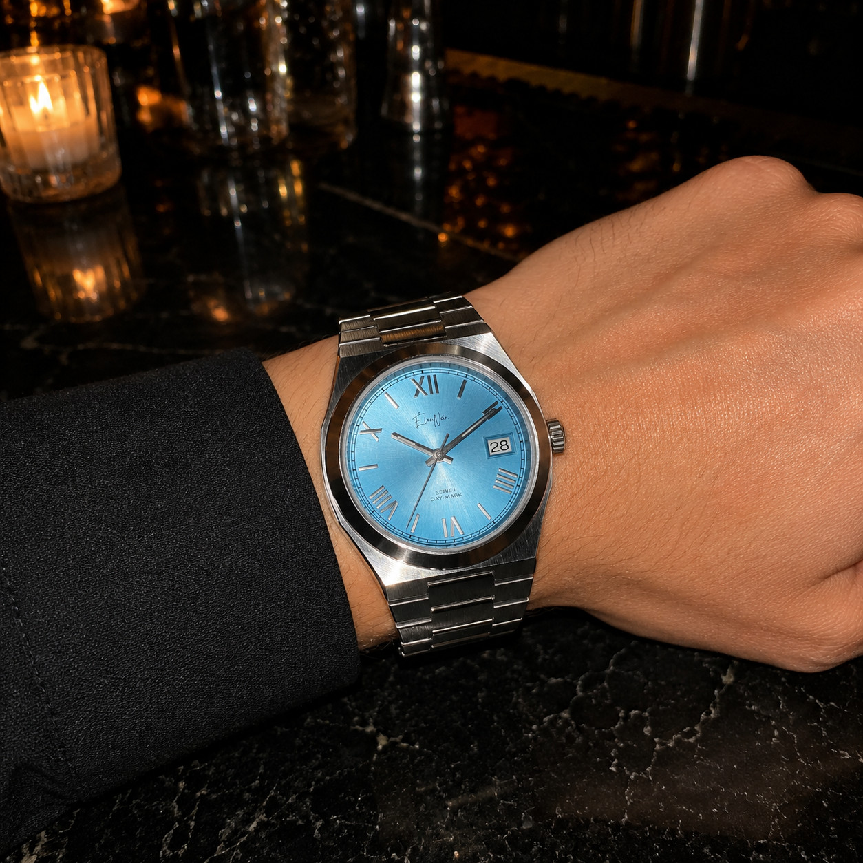 Custom Élan Noir Série I Lagoon Blue 36mm Auto NH35 Sapphire Crystal Steel Watch