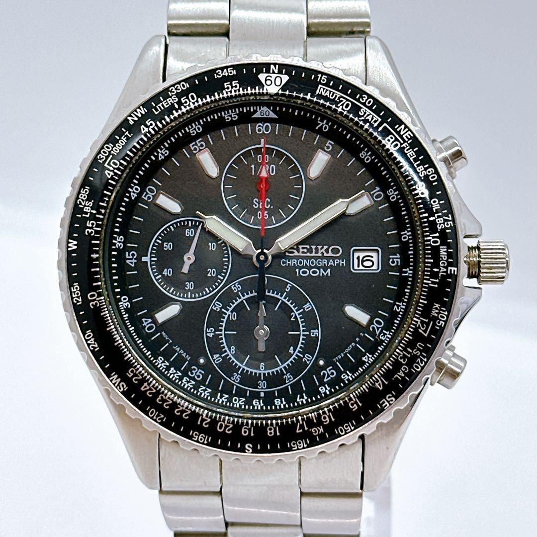 Seiko 7T92-0CF0 Pilot Chronograph Quartz Men’s Watch Black Silver New Battery