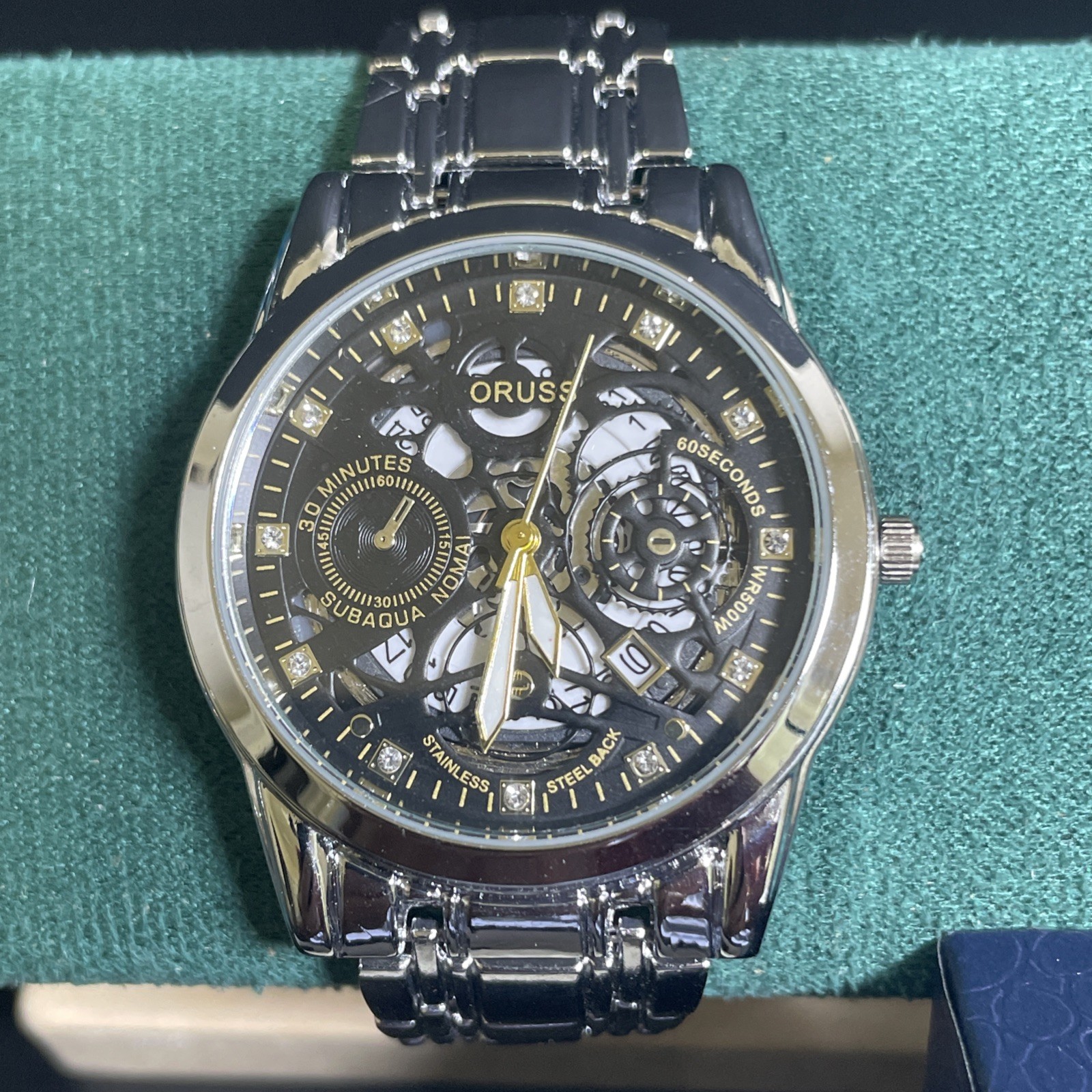 ORUSS 1853 Men’s Multifunction Watch Black Gold Dial Bracelet Box Working