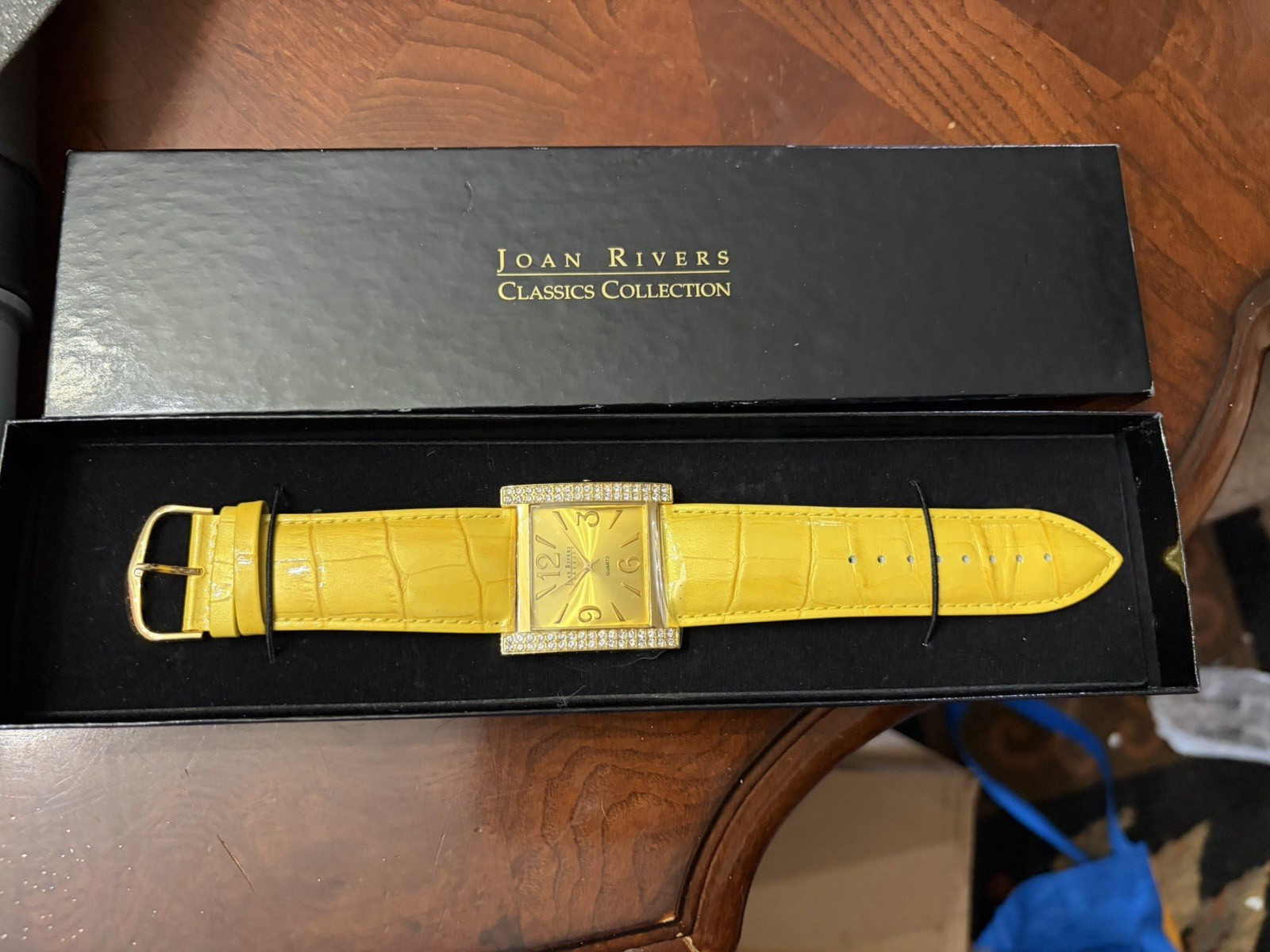 Joan Rivers Classics Collection Quartz Rectangle Watch Yellow Leather Strap Box