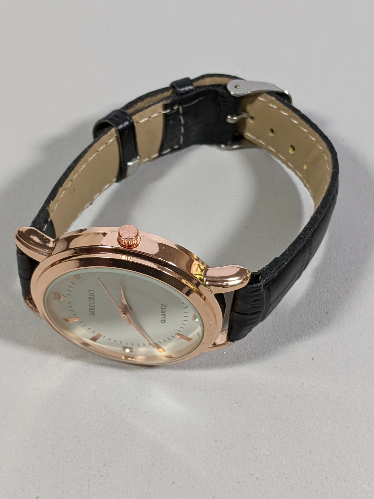 Mreurio White Dial Rose Gold Tone Round Case 40 mm Black Faux Leather Band Watch