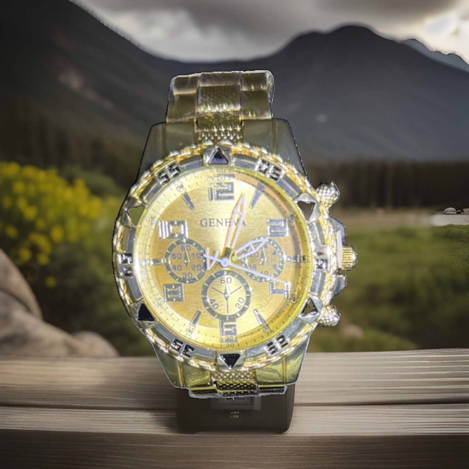 Geneva Men’s Gold Tone Chronograph Quartz Analog Watch Gold Metal Bracelet