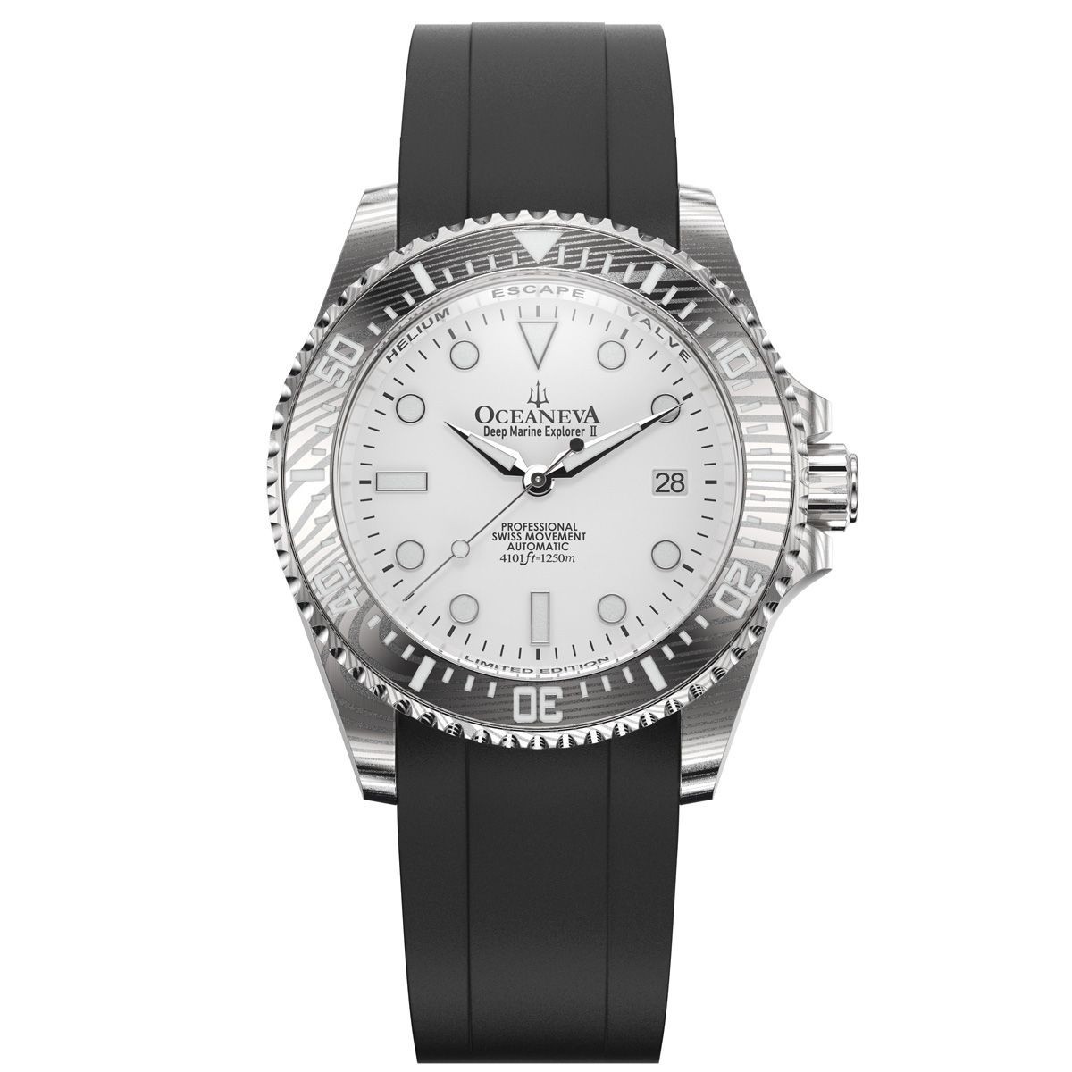 Oceaneva Deep Marine Explorer II White Damascus Steel Watch FKM Black Strap