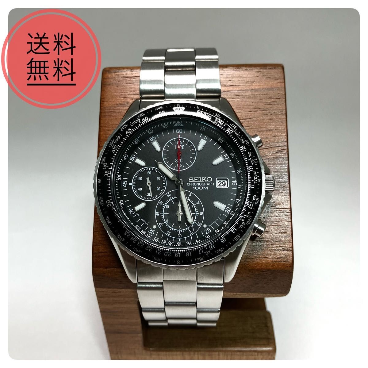 Seiko 7T92-0CF0 Pilot Chronograph Quartz Men’s Watch Black Dial Rotating Bezel