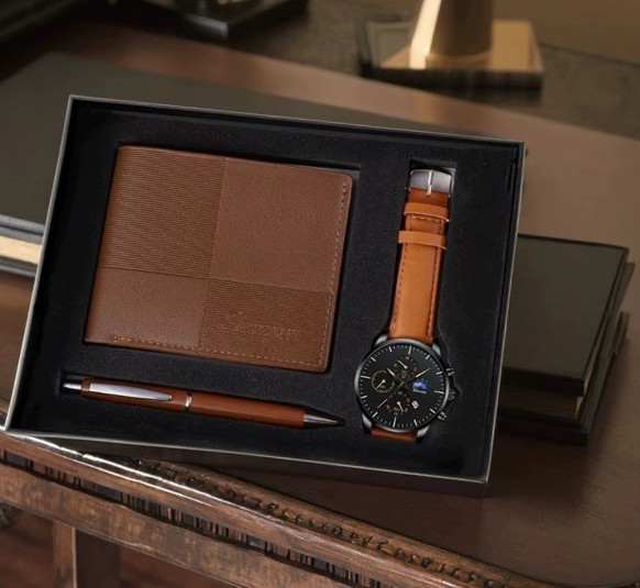 Men’s Chronograph Analog Wristwatch Black Dial Brown Leather Strap Gift Set