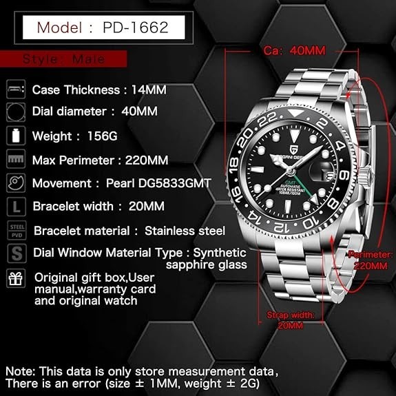🔥USA🔥Pagani Design PD-1662 Master GMT Steel Black Bezel Automatic Watch Oyster