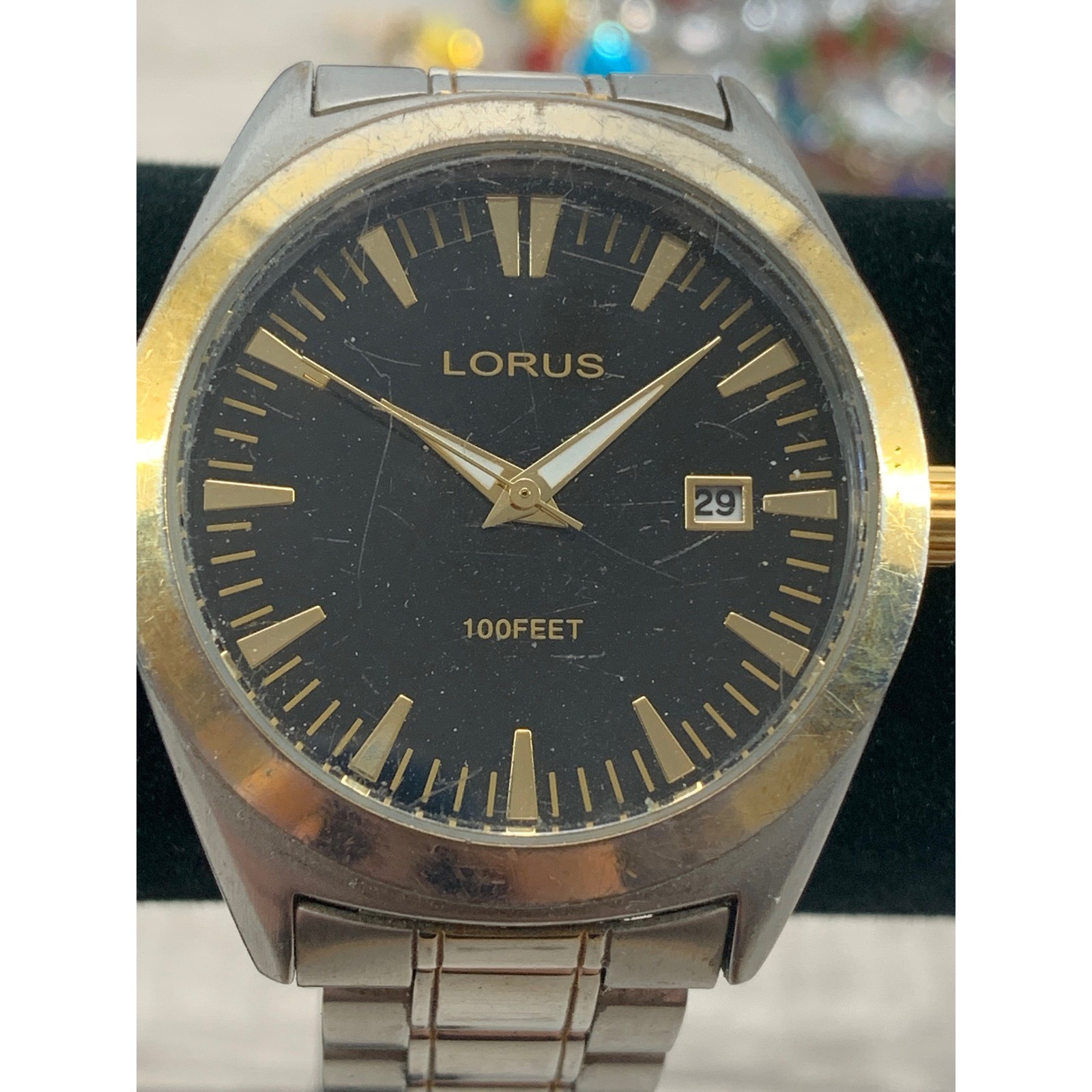 Lorus Mens Watch Two Tone Stainless Steel Black Dial Date LR3259 100FT Water Res