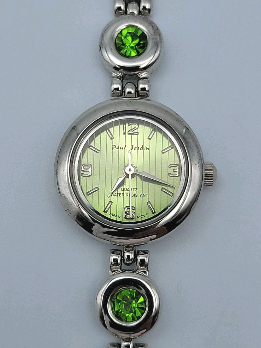 Paul Jardin Women Watch 22mm Green Rhinestone Silver Tone Band 7.75″, Runs