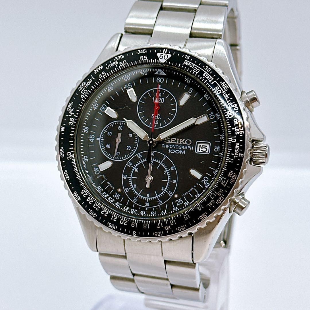 Seiko 7T92-0CF0 Pilot Chronograph Quartz Men’s Watch Black Silver New Battery