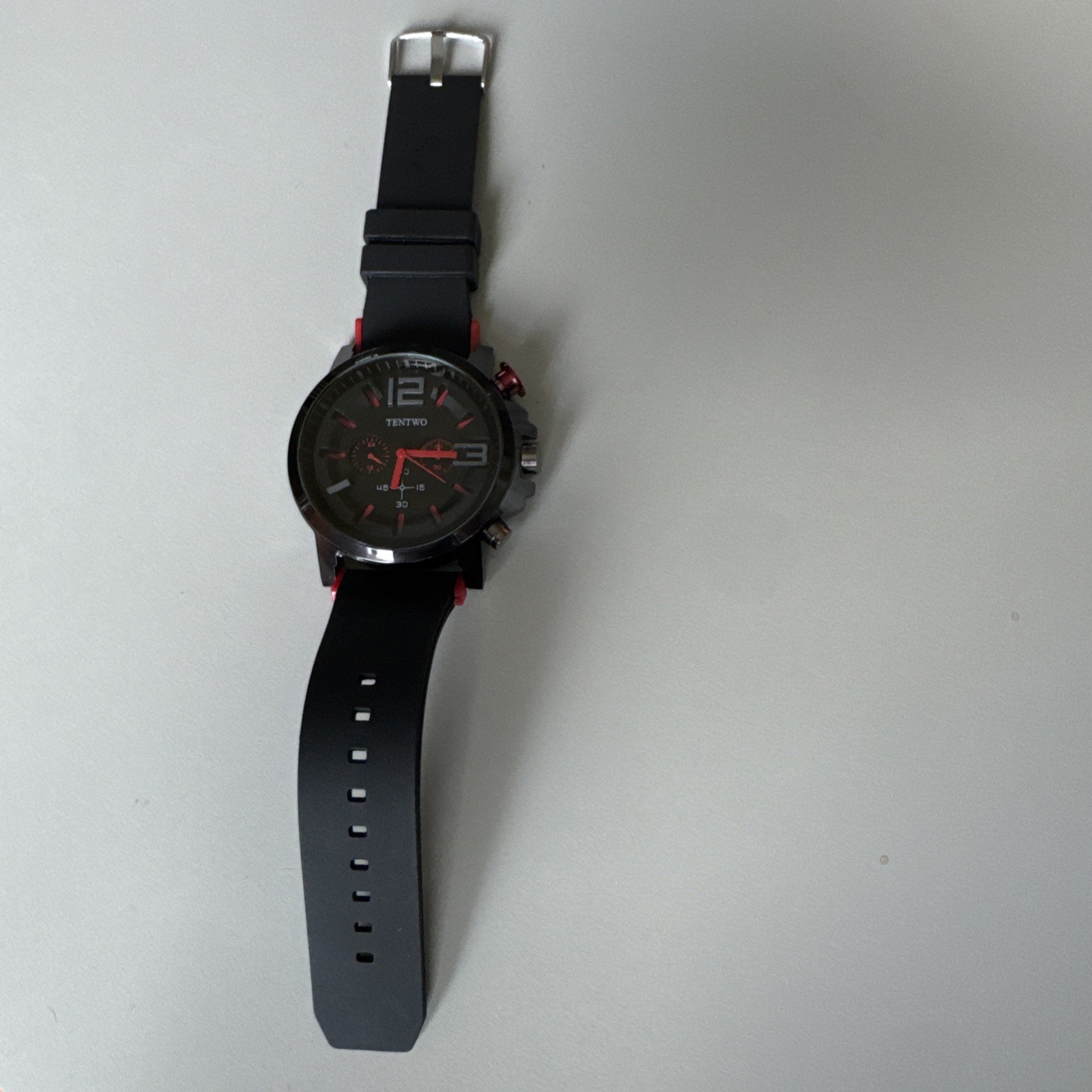 TenTwo Men’s Analog Quartz Wristwatch Black/Orange Rubber Strap 12/24hr