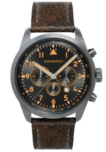 Szanto SZ2251 Men’s Chronograph Vintage Retro Design Gun Gray Brown Leather NEW