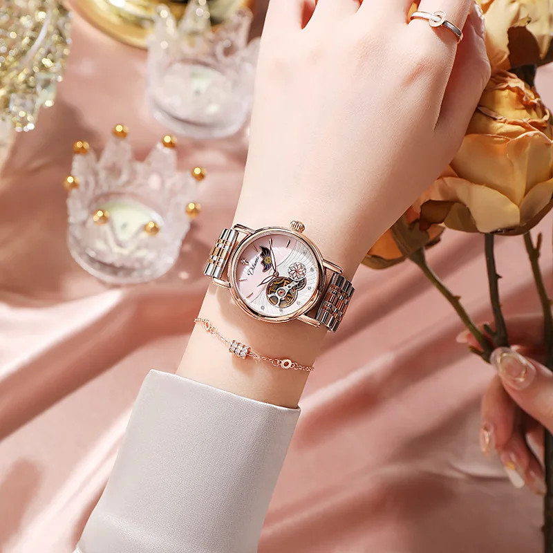 Women’s Automatic Flower Rotating Moonphase Watch Luxury Waterproof Luminous