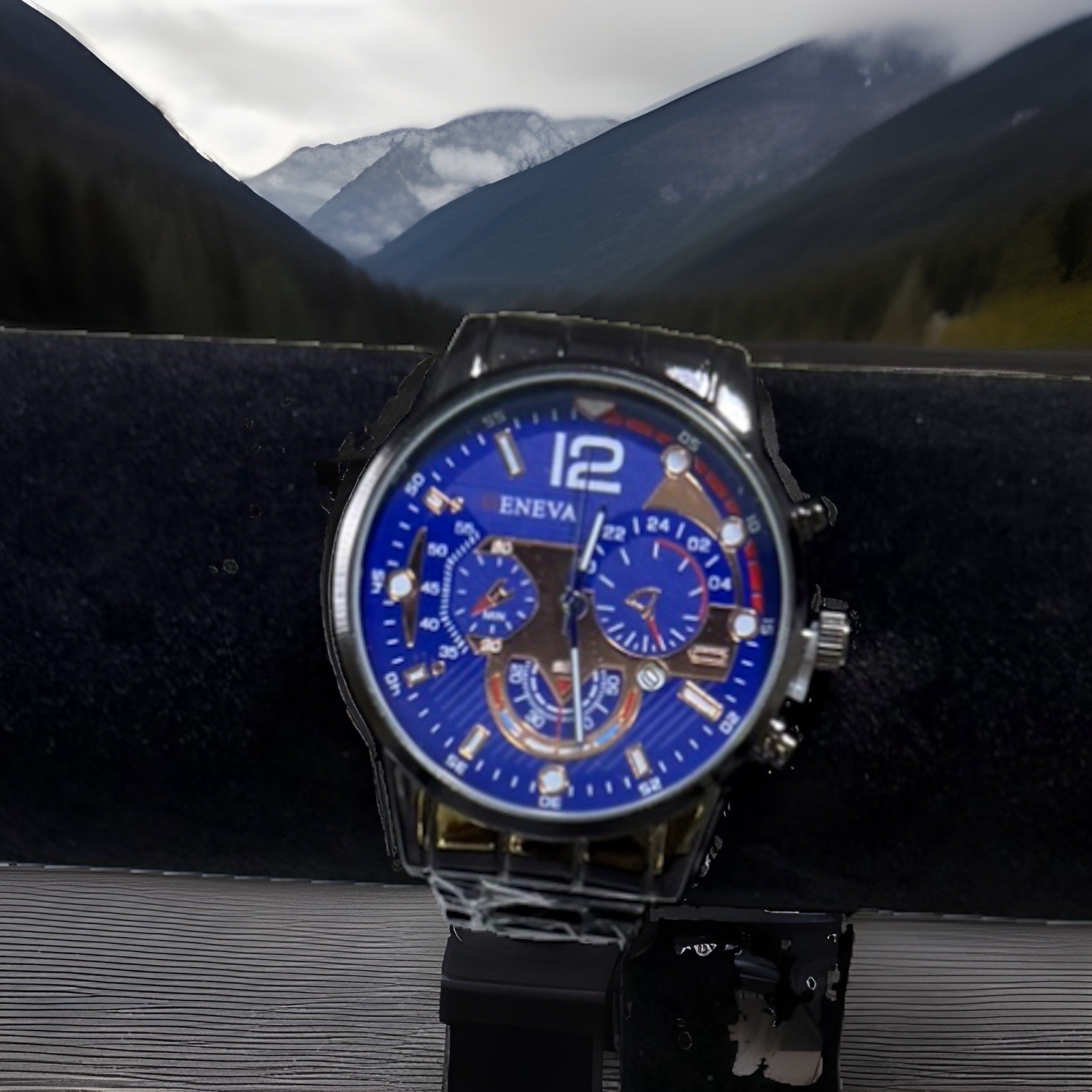 Geneva Chronograph Quartz Analog Watch Blue Dial Silver Tone Metal Bracelet