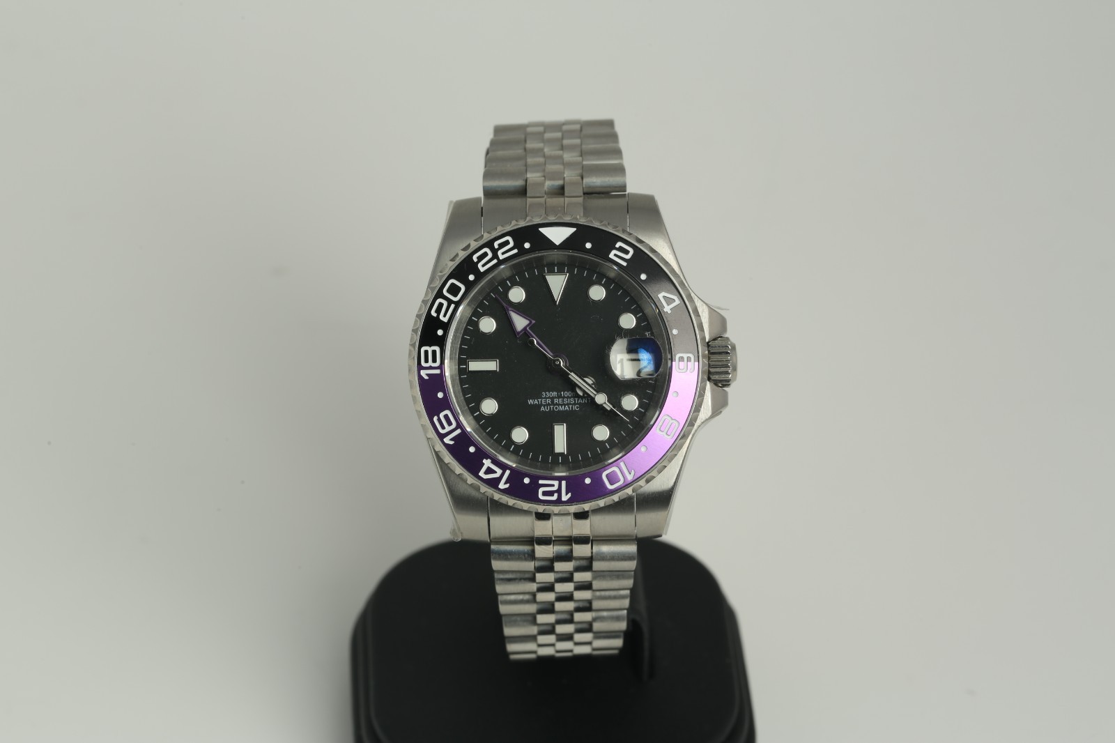NH35 Automatic GMT Style Mod Watch Black Dial Purple Black Bezel JubileeBracelet