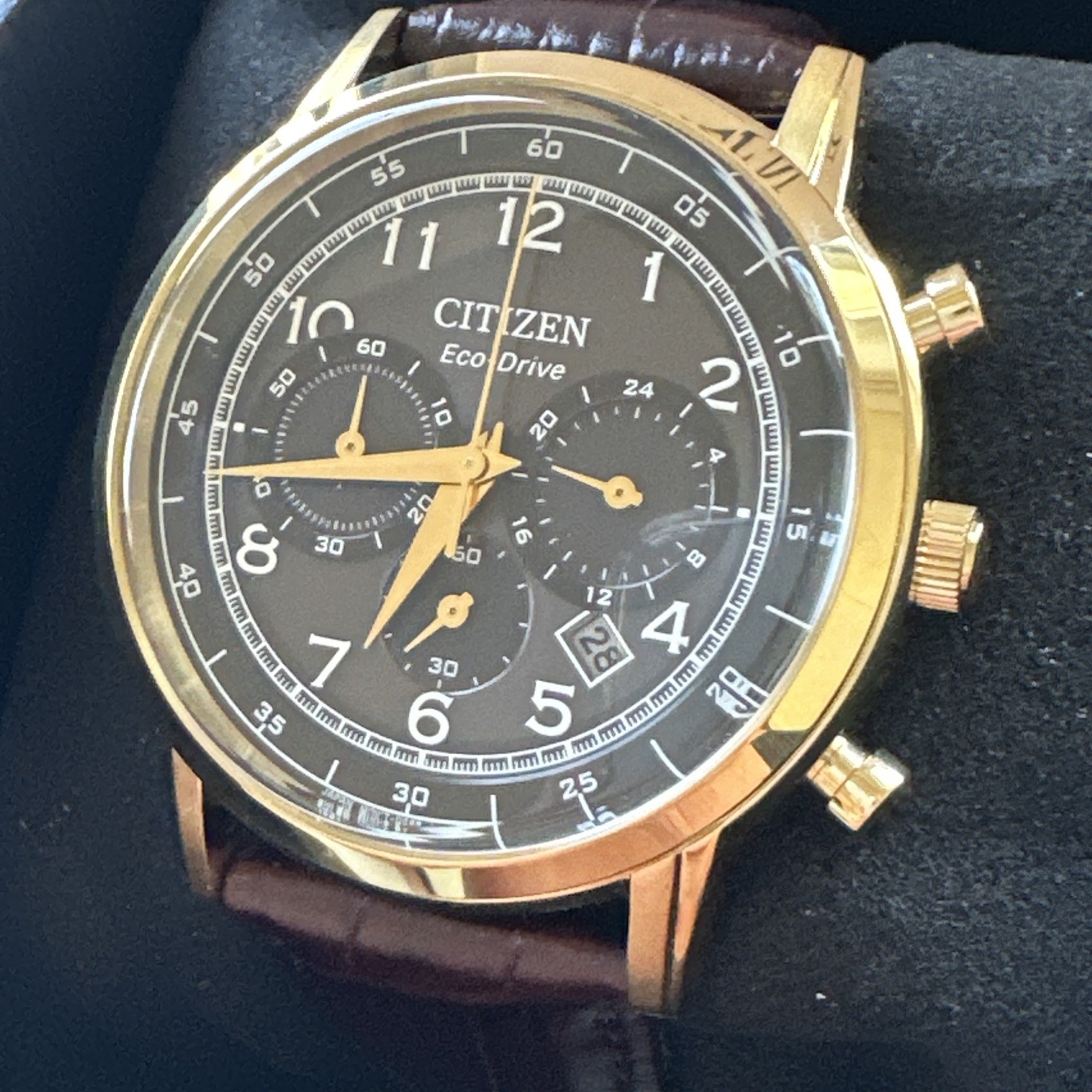 CITIZEN ECO DRIVE CLASSY MEN CHRONOGRAPH BROWN LEATHER 42MM WATCH CA4632-07E