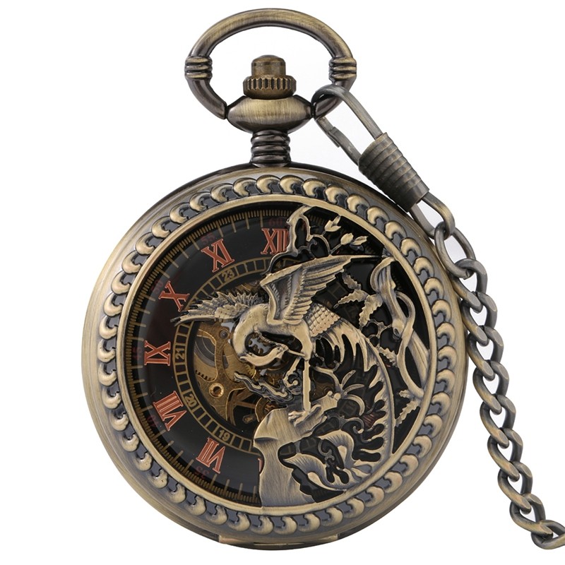 Bronze/Gold Mechanical Skeleton Pocket Watch Roman Numerals Dial with Chain Gift