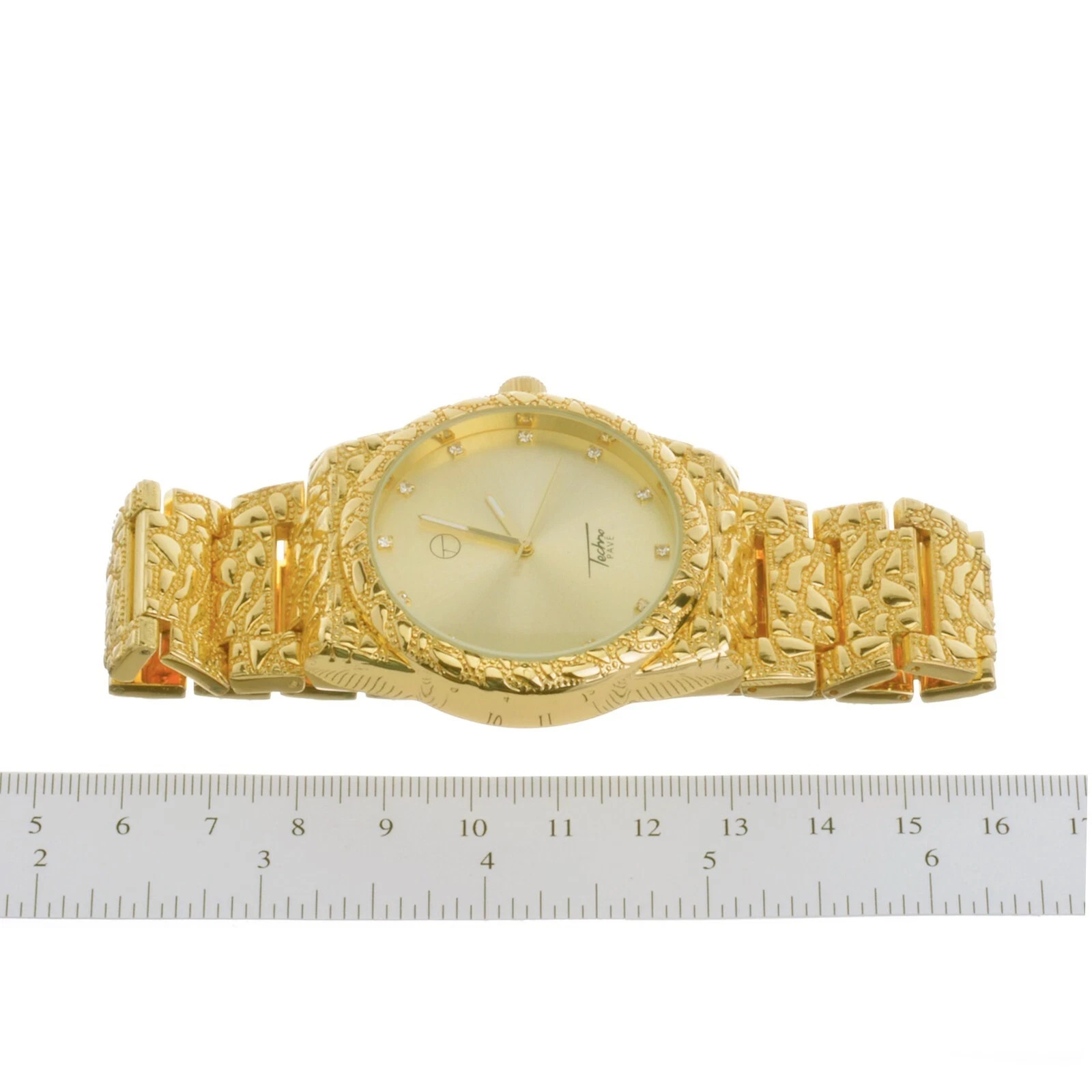 Mens Gold Techno Pave Nugget Watch Iced CZ Hip Hop Metal Band Quartz 43mm