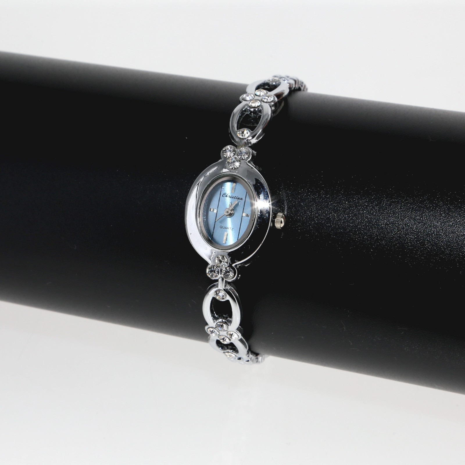 Silver Rhinestone Crystal Bracelet Watch 19mm x 22.2mm Blue Metalic Dial