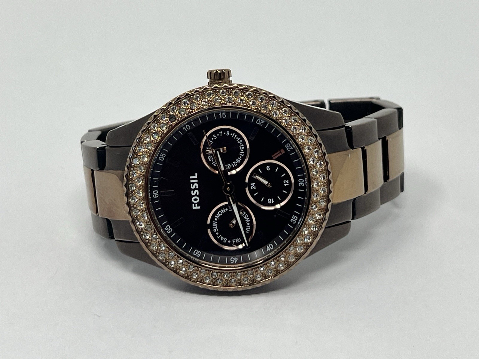 Fossil Womens Watch ES2955 38mm Black Dial Bronze Gold Brown Crystals Ladies 5”