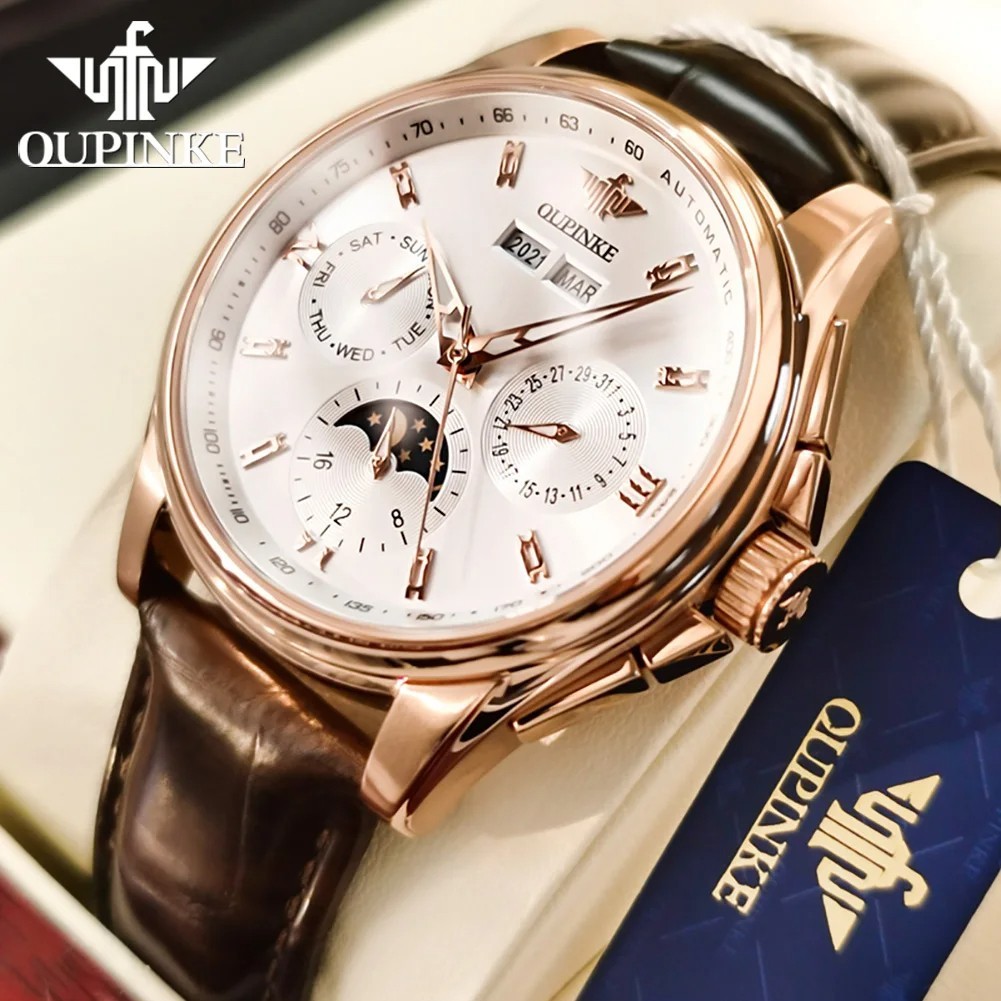 Automatic Mechanical Watch Waterproof Moon Phase Luxury Dial Men’s Men Strap