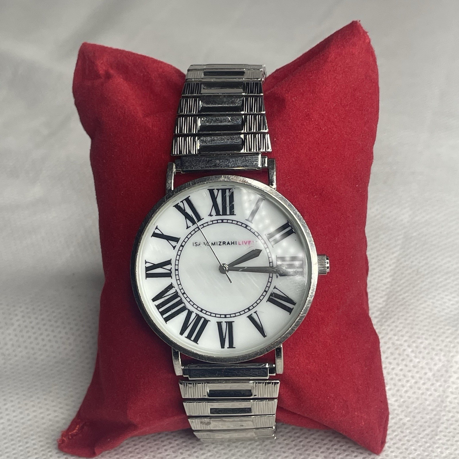 Isaac Mizrahi Live Womens Watch Large White Roman Numeral Stainless Stretch Band