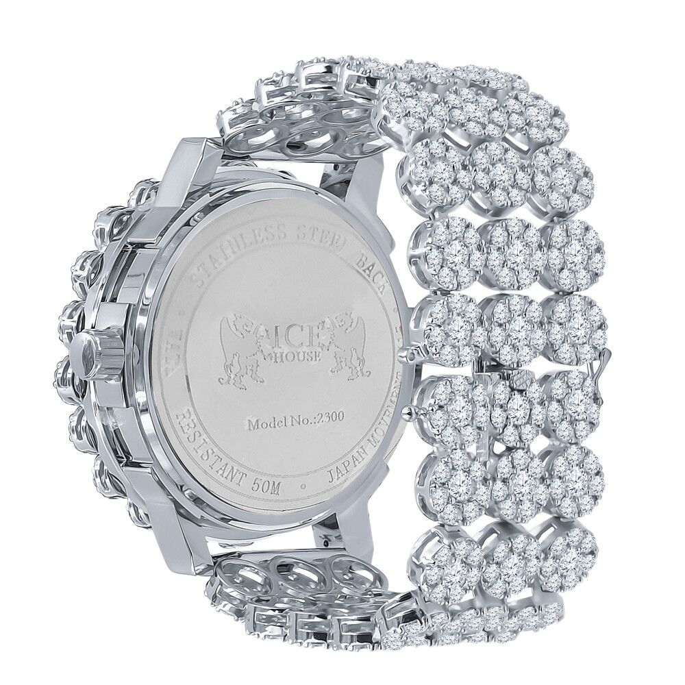 Green Emerald White Gold Tone Finish Real Diamond Flower Custom Band Bezel Watch