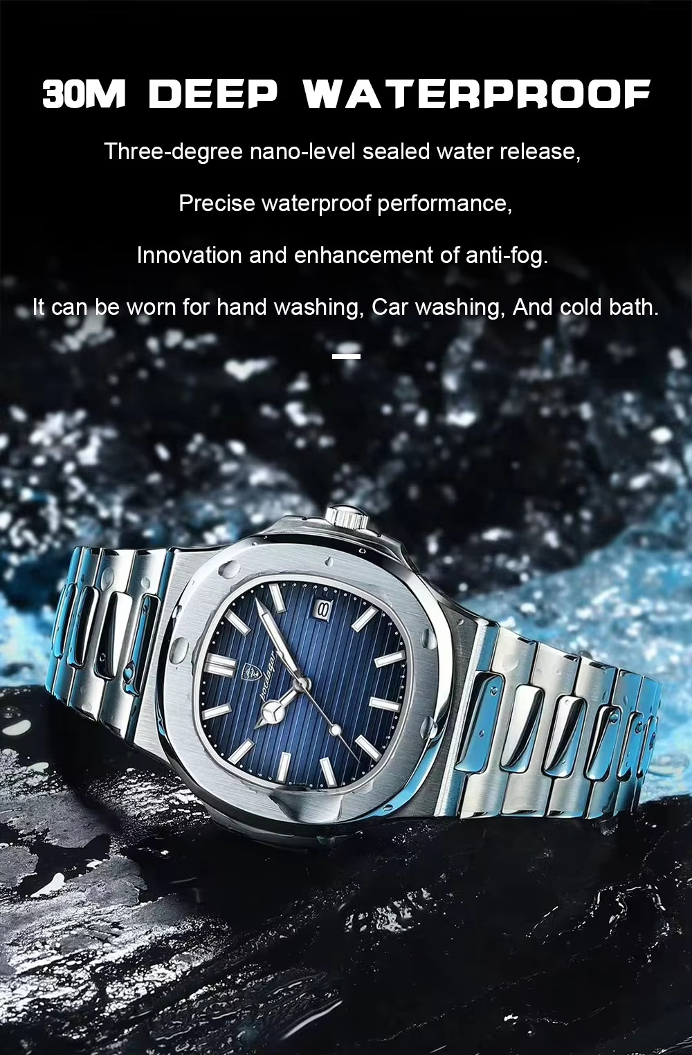 POEDAGAR Luxury Business Men’s Quartz Watch 3Bar Square Luminous Date Stainless