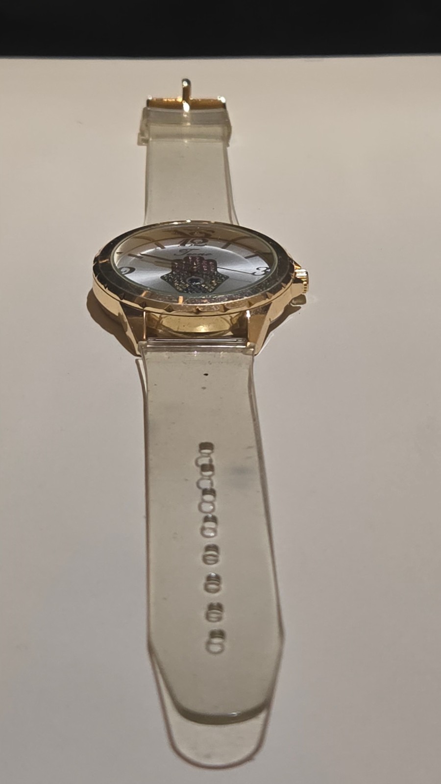 Womens Hamsa Watch Gold Tone Clear Band Crystal’s Needs Battery